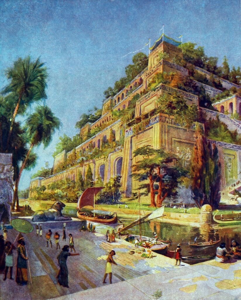 The terraced Hanging Gardens of Babylon rising above the river, with sailing boats and townspeople on the quay below