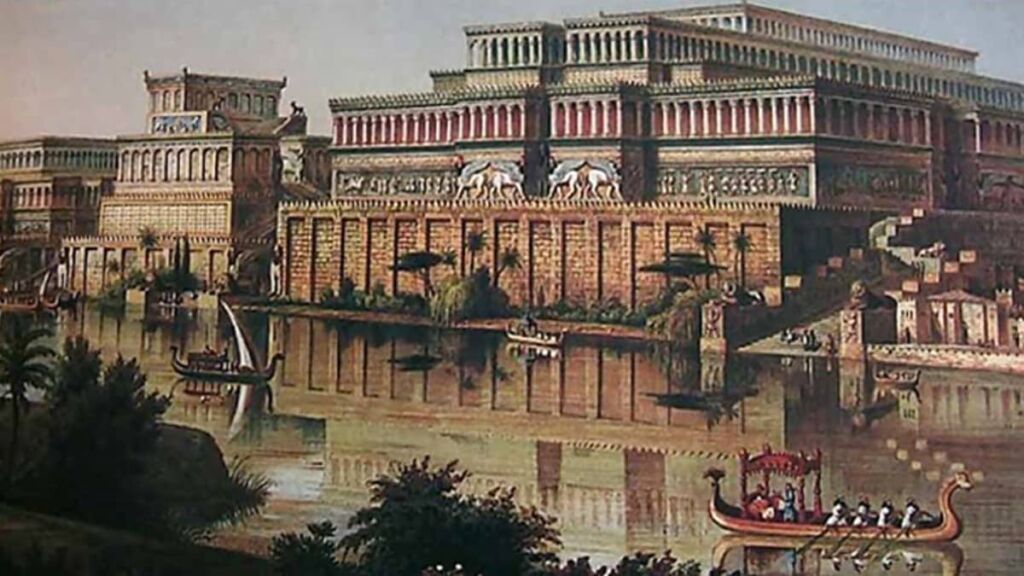 Colonnaded palace terraces of an ancient Mesopotamian city rising above a river crowded with royal barges